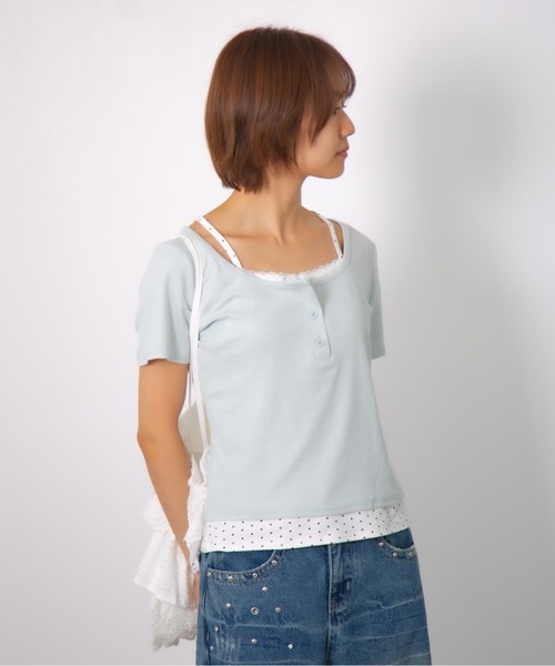 Nia(ニア)の「Nia(ニア)/ドットレイヤード風ヘンリーネックトップス(Tシャツ/カットソー・レディース・ホワイト/グレイッシュブルー/グレー・FREE)」の16枚目の写真