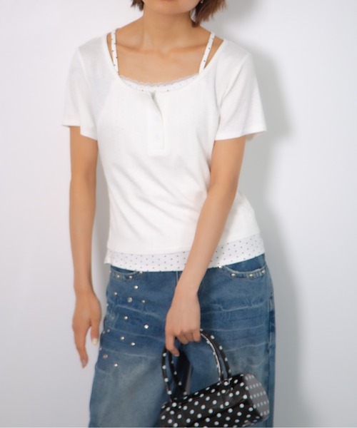 Nia(ニア)の「Nia(ニア)/ドットレイヤード風ヘンリーネックトップス(Tシャツ/カットソー・レディース・ホワイト/グレイッシュブルー/グレー・FREE)」の7枚目の写真
