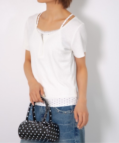Nia(ニア)の「Nia(ニア)/ドットレイヤード風ヘンリーネックトップス(Tシャツ/カットソー・レディース・ホワイト/グレイッシュブルー/グレー・FREE)」の8枚目の写真