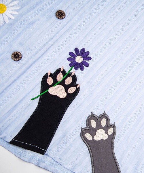 HOOK(フック)の「HOOK ネクタイ付き 猫の手 フラワー 刺繍 薄手 ストライプ 半袖 カジュアルシャツ (SS)(シャツ/ブラウス・メンズ・グリーン/ブルー・FREE)」の15枚目の写真