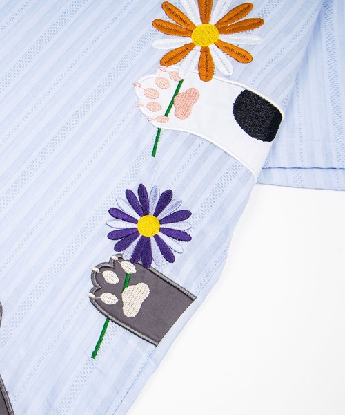 HOOK(フック)の「HOOK ネクタイ付き 猫の手 フラワー 刺繍 薄手 ストライプ 半袖 カジュアルシャツ (SS)(シャツ/ブラウス・メンズ・グリーン/ブルー・FREE)」の16枚目の写真