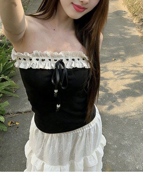 ＆soiree（アンドソワレ）の「配色フリルリボンビスチェ（その他トップス・レディース・ブラック・LARGE/MEDIUM/SMALL）」の4枚目の写真