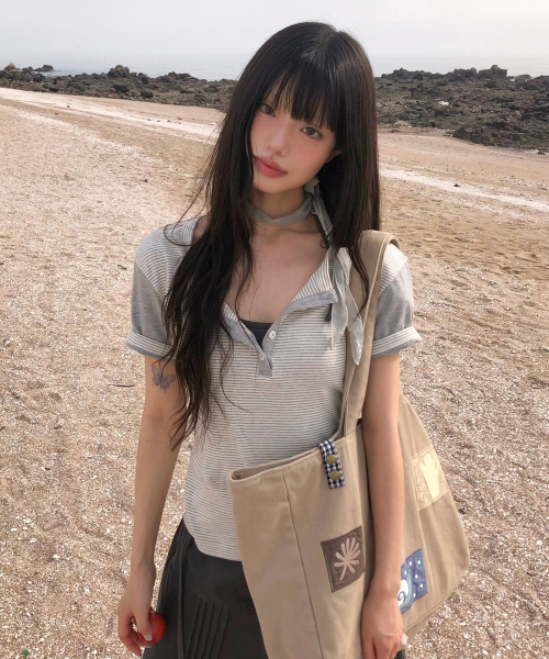 DANDEL(ダンデル)の「DD mixed pattern henley neck tee (ST GREY)(Tシャツ/カットソー・レディース・その他・1)」の1枚目の写真