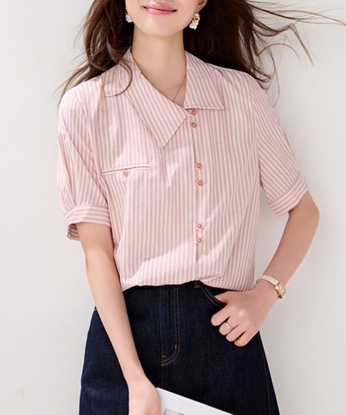 ReRe(リリ)の「アシンメトリー襟ストライプ半袖シャツ(シャツ/ブラウス・レディース・ピンク・MEDIUM/X-LARGE/LARGE)」の5枚目の写真