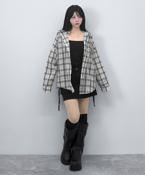 FOLLOWIN(フォロウィン)の「【3COLOR/ユニセックス】チェックフードビッグシルエットシャツ(シャツ/ブラウス・レディース・アイボリー/ブラック/チャコールグレー・FREE)」の20枚目の写真