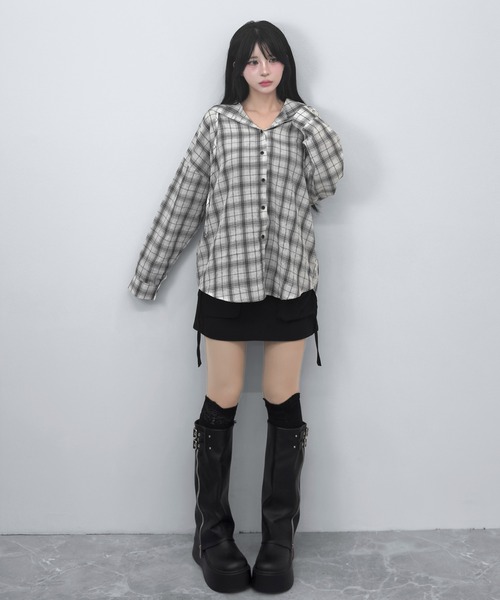 FOLLOWIN(フォロウィン)の「【3COLOR/ユニセックス】チェックフードビッグシルエットシャツ(シャツ/ブラウス・レディース・アイボリー/ブラック/チャコールグレー・FREE)」の22枚目の写真