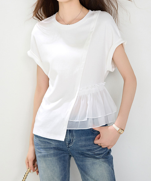 2ly2(トゥーリートゥー)の「チュールフリル切替 フレンチスリーブ Tシャツ(Tシャツ/カットソー・レディース・ホワイト・FREE)」の4枚目の写真