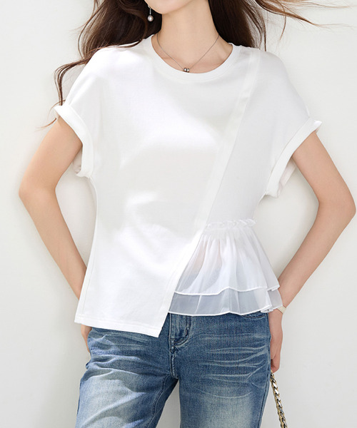 2ly2(トゥーリートゥー)の「チュールフリル切替 フレンチスリーブ Tシャツ(Tシャツ/カットソー・レディース・ホワイト・FREE)」の5枚目の写真
