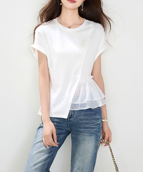 2ly2(トゥーリートゥー)の「チュールフリル切替 フレンチスリーブ Tシャツ(Tシャツ/カットソー・レディース・ホワイト・FREE)」の6枚目の写真