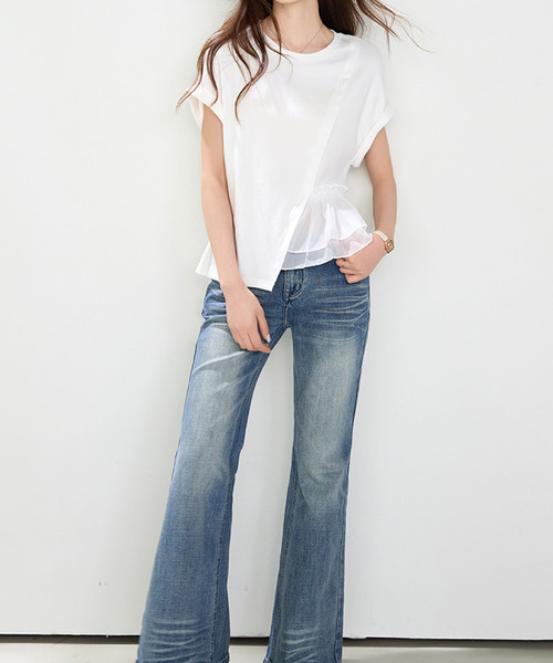 2ly2(トゥーリートゥー)の「チュールフリル切替 フレンチスリーブ Tシャツ(Tシャツ/カットソー・レディース・ホワイト・FREE)」の9枚目の写真