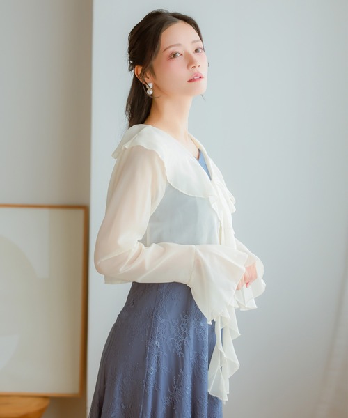 Retica(レティカ)の「結婚式 ボレロ カーディガン 長袖 シフォン リボン ベルスリーブ フリル お呼ばれ パーティー(カーディガン/ボレロ・レディース・ブラック・M)」の2枚目の写真