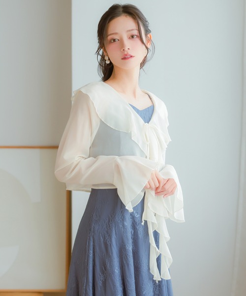 Retica(レティカ)の「結婚式 ボレロ カーディガン 長袖 シフォン リボン ベルスリーブ フリル お呼ばれ パーティー(カーディガン/ボレロ・レディース・ブラック・M)」の3枚目の写真