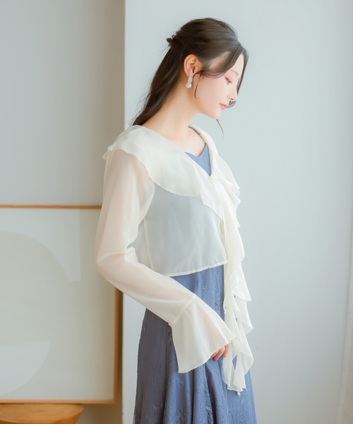 Retica(レティカ)の「結婚式 ボレロ カーディガン 長袖 シフォン リボン ベルスリーブ フリル お呼ばれ パーティー(カーディガン/ボレロ・レディース・ブラック・M)」の5枚目の写真