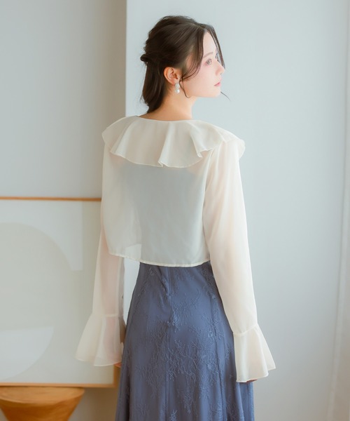 Retica(レティカ)の「結婚式 ボレロ カーディガン 長袖 シフォン リボン ベルスリーブ フリル お呼ばれ パーティー(カーディガン/ボレロ・レディース・ブラック・M)」の6枚目の写真