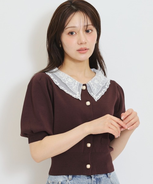 WILLSELECTION(ウィルセレクション)の「シアーレースカラーパフニットカーディガン(カーディガン/ボレロ・レディース・ブルー/ボルドー/ブラック/ダークブラウン・FREE)」の2枚目の写真