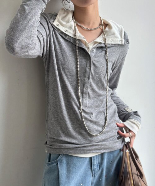DouDou(ドゥドゥ)の「シアーウールフーディーカットソー(Tシャツ/カットソー・レディース・ピンク/オフホワイト/ブラック/グレー・FREE)」の3枚目の写真