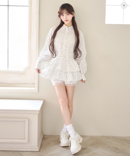 Mi-je(ミジェ)の「レースアップレイヤードシャツワンピース(シャツワンピース・レディース・ドット/カラフル・F)」の1枚目の写真