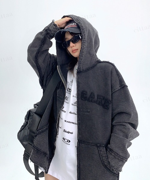 Dalfwin(ダールフィン)の「RICECAKEダメージデザインワッペンロゴジップアップフーディー(Tシャツ/カットソー・レディース・ブラック・FREE)」の7枚目の写真