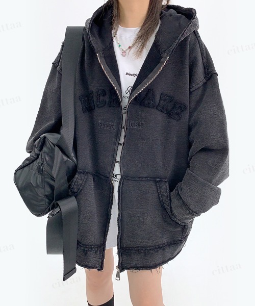Dalfwin(ダールフィン)の「RICECAKEダメージデザインワッペンロゴジップアップフーディー(Tシャツ/カットソー・レディース・ブラック・FREE)」の5枚目の写真
