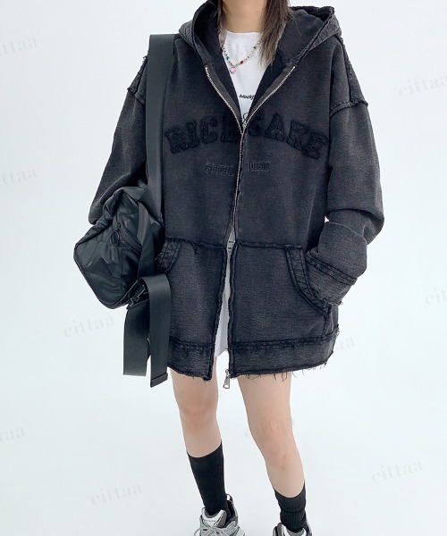 Dalfwin(ダールフィン)の「RICECAKEダメージデザインワッペンロゴジップアップフーディー(Tシャツ/カットソー・レディース・ブラック・FREE)」の6枚目の写真