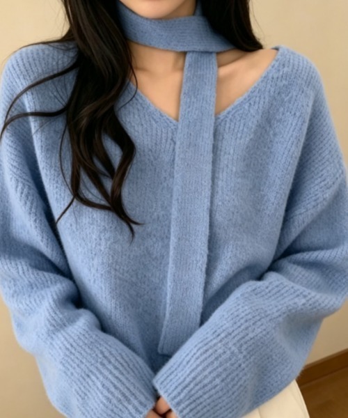 Aelina(エリナ)の「チョーカー風ネックストラップ付きVネックルーズニットトップス(ニット/セーター・レディース・オフホワイト/グレー/ブルー/ピンク・FREE)」の3枚目の写真
