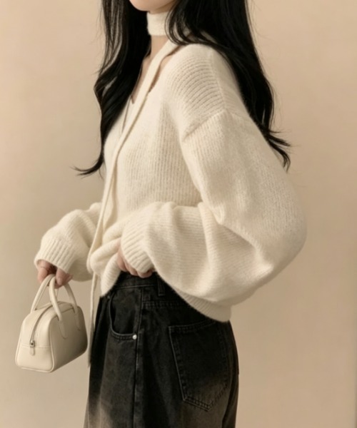 Aelina(エリナ)の「チョーカー風ネックストラップ付きVネックルーズニットトップス(ニット/セーター・レディース・オフホワイト/グレー/ブルー/ピンク・FREE)」の5枚目の写真