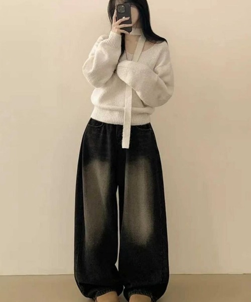 Aelina(エリナ)の「チョーカー風ネックストラップ付きVネックルーズニットトップス(ニット/セーター・レディース・オフホワイト/グレー/ブルー/ピンク・FREE)」の9枚目の写真