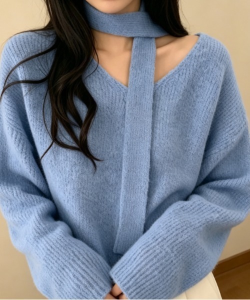 Aelina(エリナ)の「チョーカー風ネックストラップ付きVネックルーズニットトップス(ニット/セーター・レディース・オフホワイト/グレー/ブルー/ピンク・FREE)」の16枚目の写真