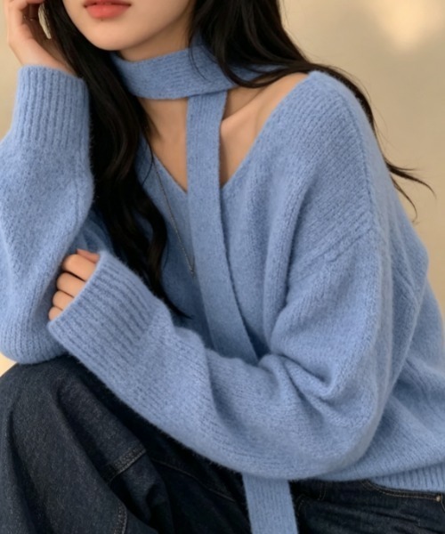 Aelina(エリナ)の「チョーカー風ネックストラップ付きVネックルーズニットトップス(ニット/セーター・レディース・オフホワイト/グレー/ブルー/ピンク・FREE)」の18枚目の写真