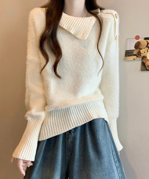 LUCPY(ラクピー)の「レイヤードカラーVネックシャギーニット(ニット/セーター・レディース・ブラウン/グレー/ブラック/ホワイト・FREE)」の1枚目の写真