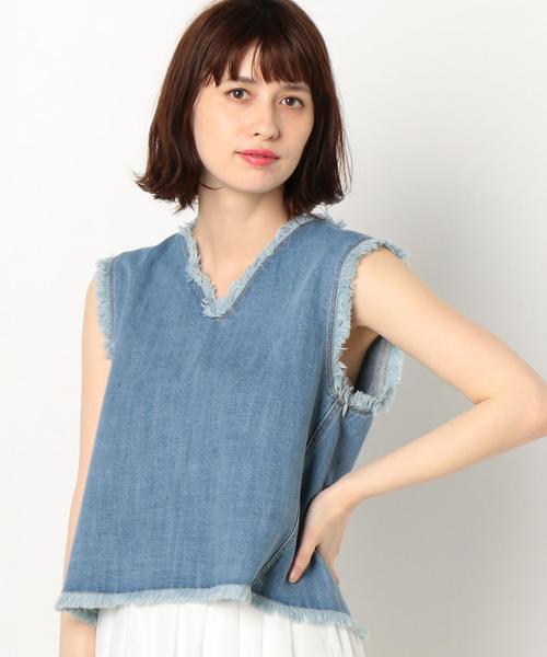 Another Edition(アナザーエディション)の「デニムフリンジノースリーブ/AEBC フリンジ NSL DNM◆(シャツ/ブラウス・レディース・コバルトブルー・FREE)」の1枚目の写真