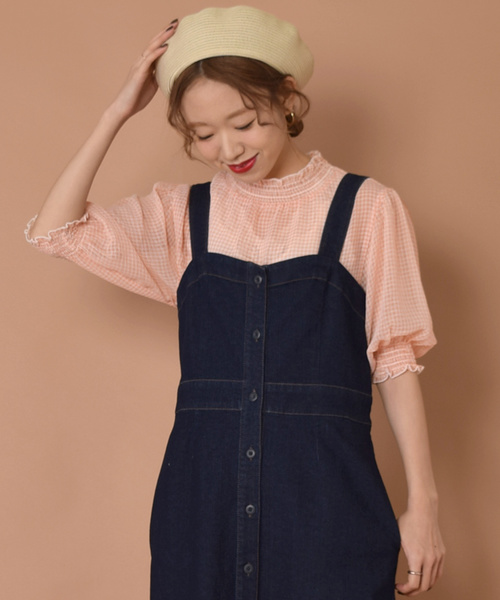 w closet（ダブルクローゼット）の「シアーチェックシャーリングブラウス（シャツ/ブラウス・レディース・コーラルピンク/サックスブルー/ブラック/ブルー/イエロー・FREE）」の5枚目の写真