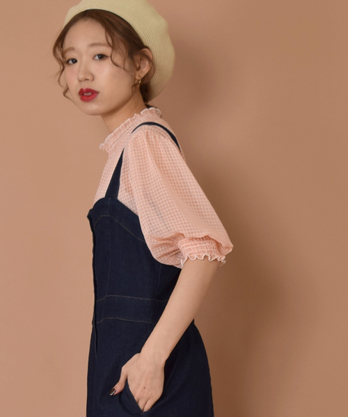 w closet（ダブルクローゼット）の「シアーチェックシャーリングブラウス（シャツ/ブラウス・レディース・コーラルピンク/サックスブルー/ブラック/ブルー/イエロー・FREE）」の17枚目の写真