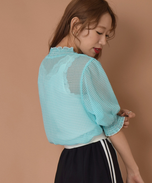 w closet（ダブルクローゼット）の「シアーチェックシャーリングブラウス（シャツ/ブラウス・レディース・コーラルピンク/サックスブルー/ブラック/ブルー/イエロー・FREE）」の21枚目の写真