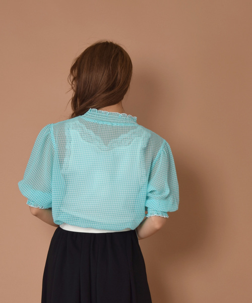 w closet（ダブルクローゼット）の「シアーチェックシャーリングブラウス（シャツ/ブラウス・レディース・コーラルピンク/サックスブルー/ブラック/ブルー/イエロー・FREE）」の22枚目の写真