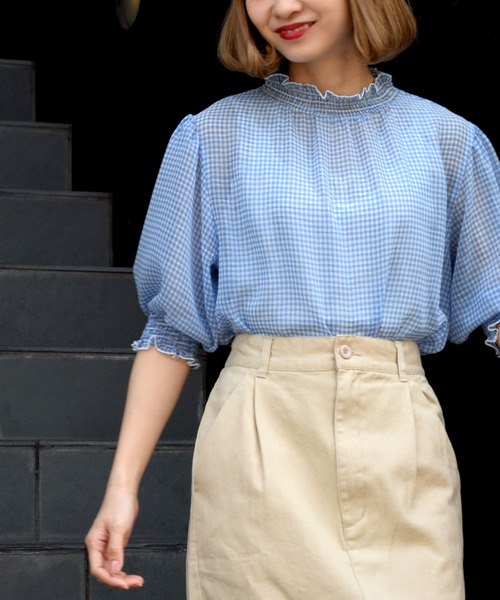 w closet（ダブルクローゼット）の「シアーチェックシャーリングブラウス（シャツ/ブラウス・レディース・コーラルピンク/サックスブルー/ブラック/ブルー/イエロー・FREE）」の7枚目の写真