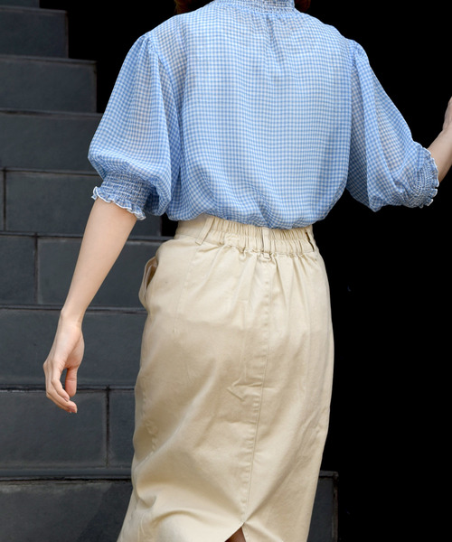 w closet（ダブルクローゼット）の「シアーチェックシャーリングブラウス（シャツ/ブラウス・レディース・コーラルピンク/サックスブルー/ブラック/ブルー/イエロー・FREE）」の8枚目の写真