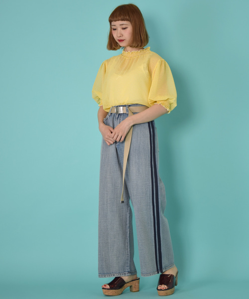 w closet（ダブルクローゼット）の「シアーチェックシャーリングブラウス（シャツ/ブラウス・レディース・コーラルピンク/サックスブルー/ブラック/ブルー/イエロー・FREE）」の15枚目の写真