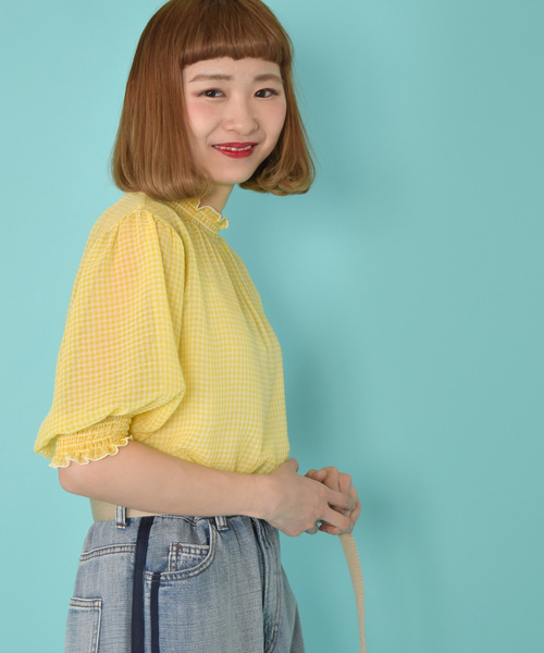 w closet（ダブルクローゼット）の「シアーチェックシャーリングブラウス（シャツ/ブラウス・レディース・コーラルピンク/サックスブルー/ブラック/ブルー/イエロー・FREE）」の14枚目の写真