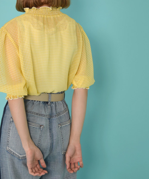 w closet（ダブルクローゼット）の「シアーチェックシャーリングブラウス（シャツ/ブラウス・レディース・コーラルピンク/サックスブルー/ブラック/ブルー/イエロー・FREE）」の13枚目の写真