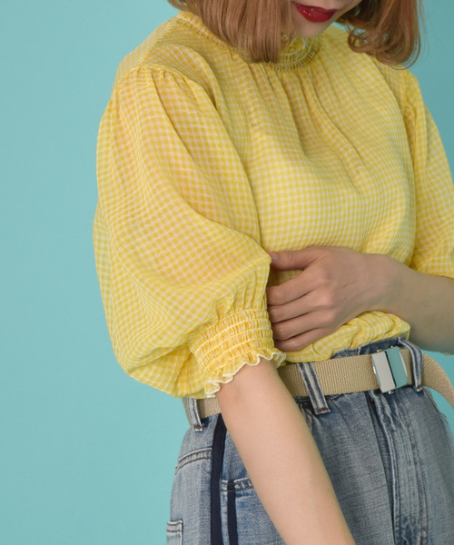 w closet（ダブルクローゼット）の「シアーチェックシャーリングブラウス（シャツ/ブラウス・レディース・コーラルピンク/サックスブルー/ブラック/ブルー/イエロー・FREE）」の12枚目の写真