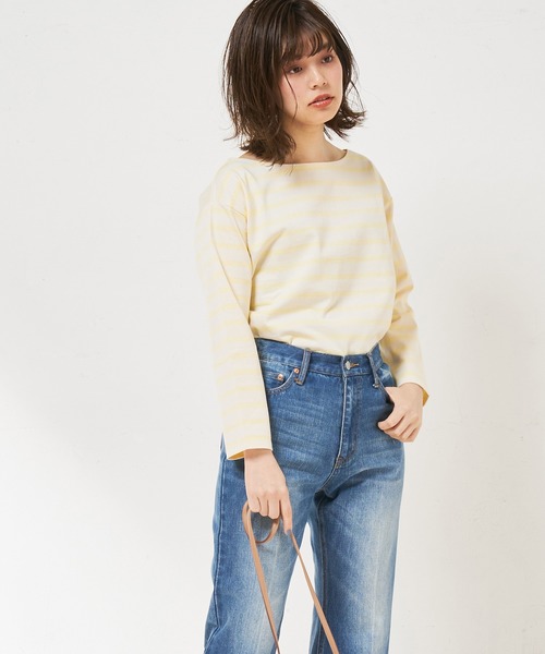 natural couture（ナチュラルクチュール）の「春色ボーダーボートネックT（Tシャツ/カットソー・レディース・ベージュ/ネイビー/イエロー/ミント・FREE）」の4枚目の写真