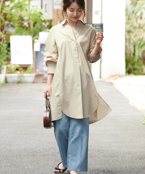 coca(coca)(コカ)の「コットンシャツワンピース(シャツワンピース・レディース・ベージュ/ブラック・ONE SIZE)」の2枚目の写真