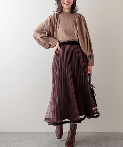 natural couture（ナチュラルクチュール）の「【WEB限定】裾ベロアパイピングチュールプリーツスカート（スカート・レディース・アイボリー/ダークブラウン/サックスブルー/ラベンダー/カーキ・FREE）」の10枚目の写真