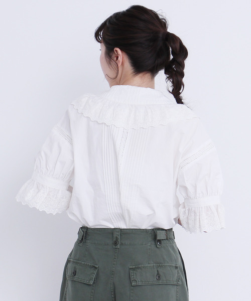 Dot＆Stripes CHILD WOMAN（ドットアンドストライプス　チャイルドウーマン）の「ブロード　レースピンタック5分袖ブラウス（シャツ/ブラウス・レディース・ホワイト/ブラック・FREE）」の5枚目の写真