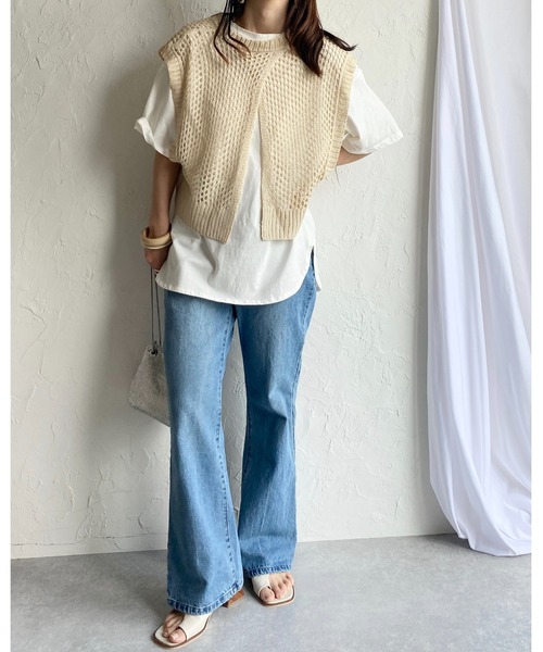 She's Closet(シーズクローゼット)の「透かし柄メッシュ編みショート丈ニットベスト(ベスト・レディース・ブルー/アイボリー/グレイッシュベージュ/ミント/ダークラベンダー・FREE)」の9枚目の写真