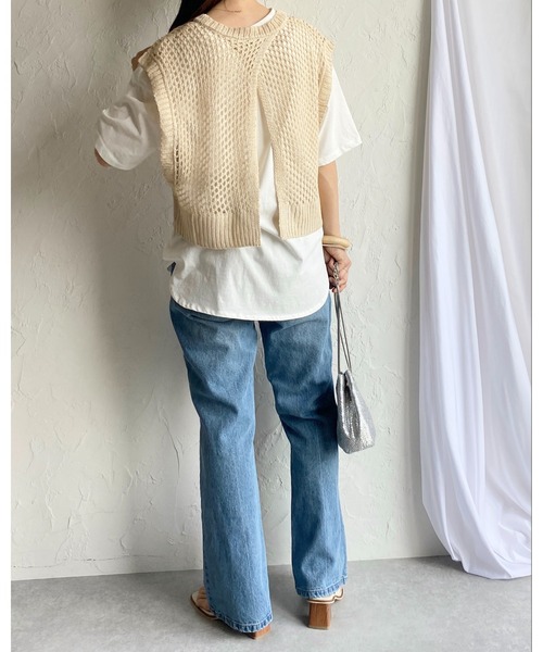 【再入荷！】 セール】透かし柄メッシュ編みショート丈ニットベスト（ベスト トップス