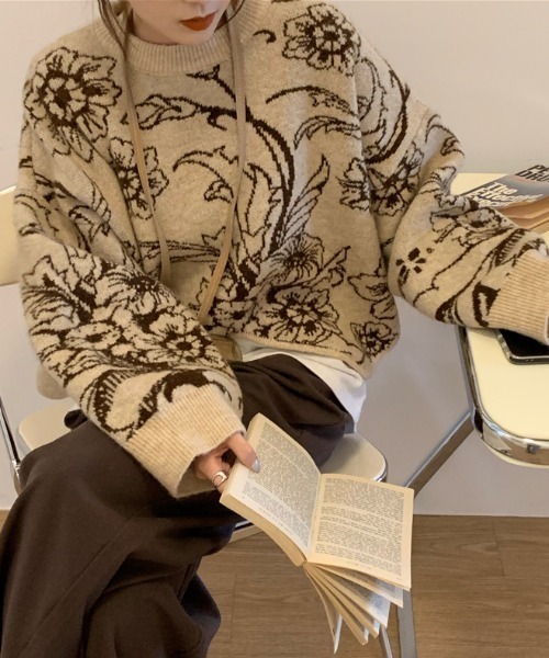 ABITOKYO(アビトーキョー)の「花柄ジャカードプルオーバー(ニット/セーター・レディース・ブラック/ベージュ・FREE)」の2枚目の写真