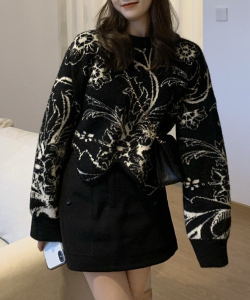 ABITOKYO(アビトーキョー)の「花柄ジャカードプルオーバー(ニット/セーター・レディース・ブラック/ベージュ・FREE)」の1枚目の写真