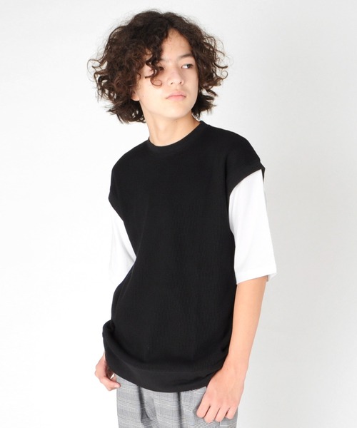 GLAZOS（グラソス）の「ワッフル・フェイクレイヤード５分袖Tシャツ（Tシャツ/カットソー・キッズ・ベージュ/ネイビー/ブラック・140cm/170cm/150cm/130cm/160cm）」の2枚目の写真